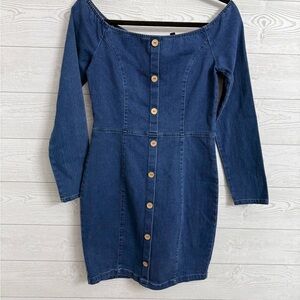 Blashe Women’s Blue Denim Stretch Off The Shoulder Mini Dress. Size M